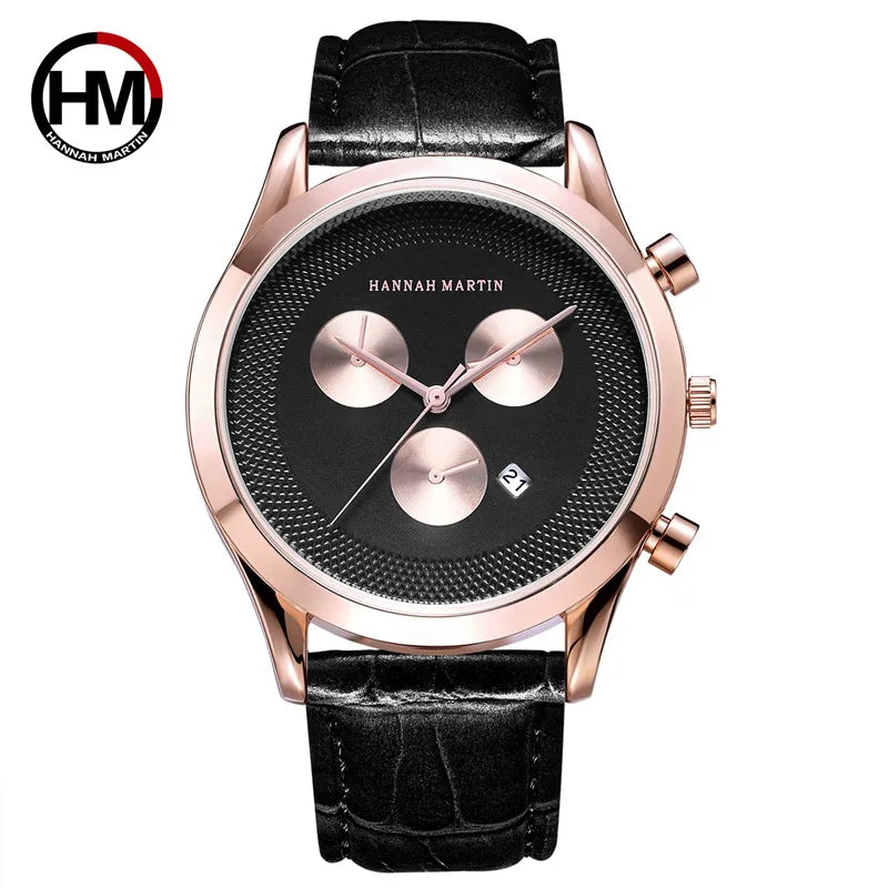 HANNAH MARTIN HM-302 Business Watch for Men Water Resistant 3 ATM Custom Logo Japan Movement with Leather Band Factory Hot Sale