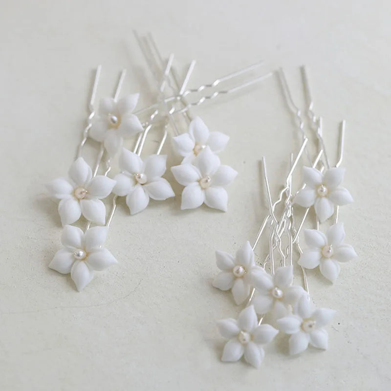 SLBRIDAL Handmade Ceramic Flower Freshwater Pearls Bridal Hair Pins Earrings Set Wedding Hair Accessories Women Hair Jewelry
