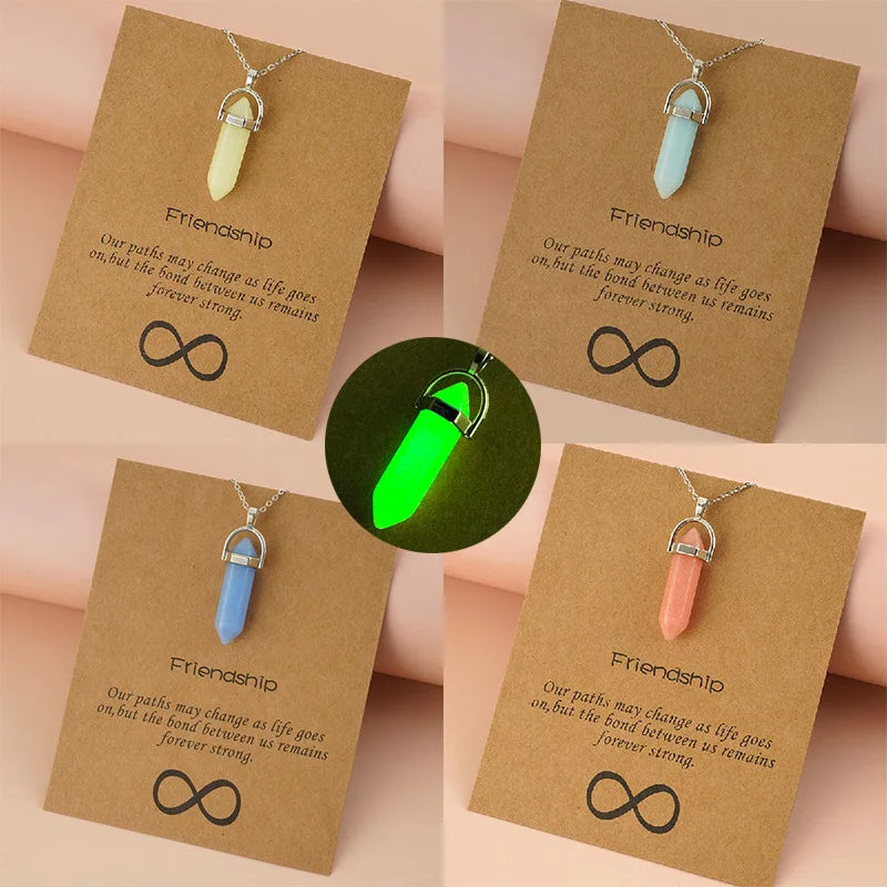 Dainty Luminous Hexagonal Prism Shaped Glowing in Dark Natural Stone Bullet Pendant Necklace Jewelry for Women