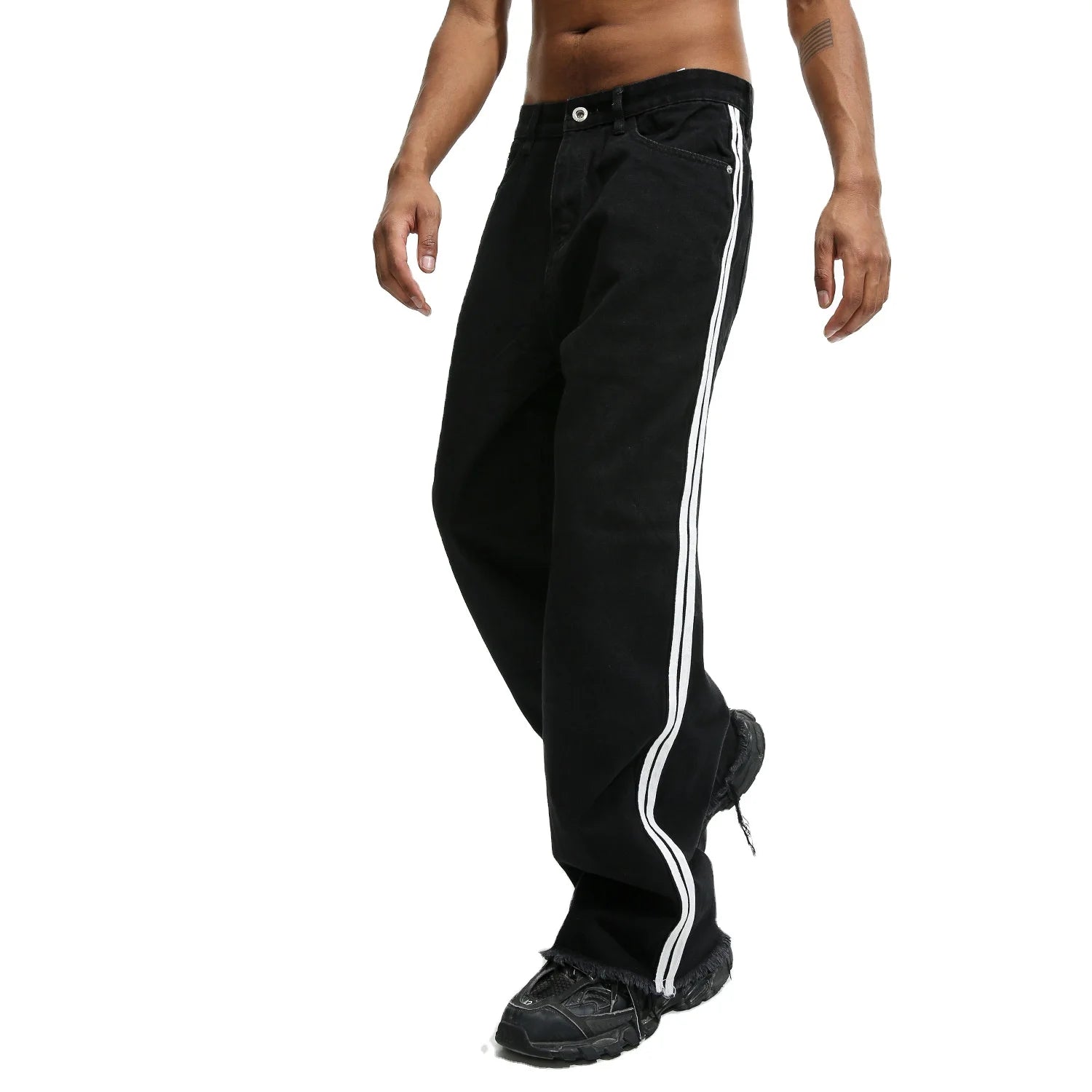 2024 Quality Side Stripe Jeans Fashion Black Jeans Slim Fit Black Raw Hem Jeans