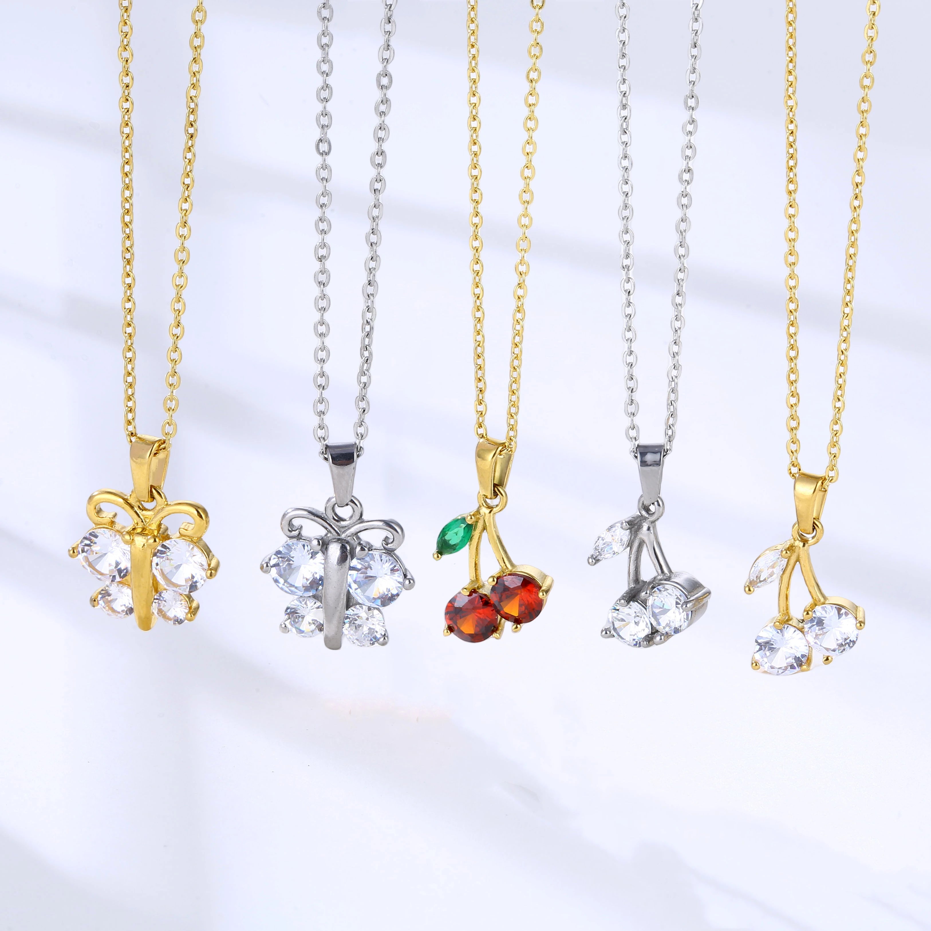 Stainless Steel Necklace Zodiac Sign Choker Jewelry Exquisite Zircon Butterfly Cherry Pendant Necklace