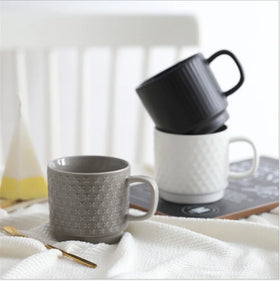 Home Goods Nordic Style Custom logo Wholesale Embossed Coffee Tea Ceramic Mug Cup with Full Size Handle