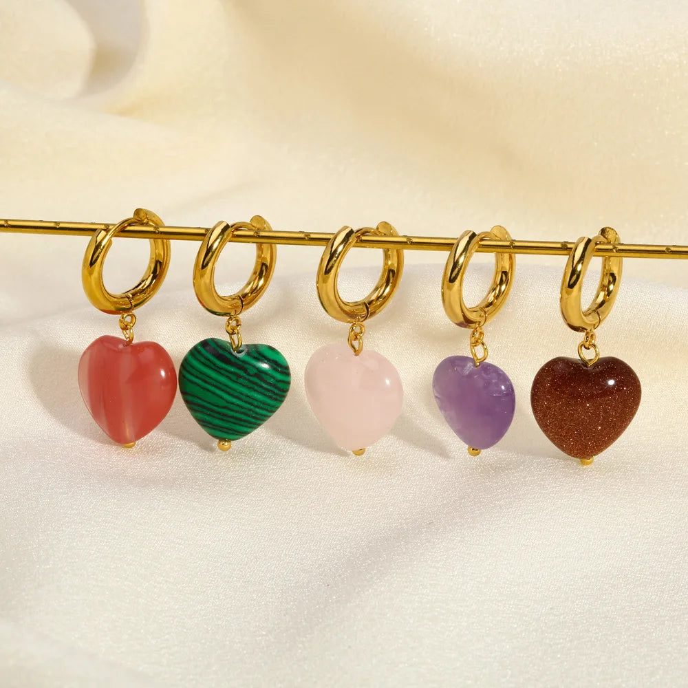 New Design Stainless Steel 18K Gold Plated Natural Stone Heart Shape Earrings for Women