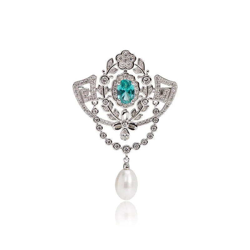 Elegant Luxury Vintage Brooch Style Natural Freshwater Pearl Drop Brooch 925 Silver Full Paved Green CZ Diamond