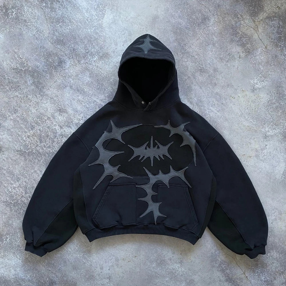 Customized Heavyweight Cotton Acid Washed Boxy Hoodie for Men Winter Pullover Distressed Patch Color Block Applique Embroidered