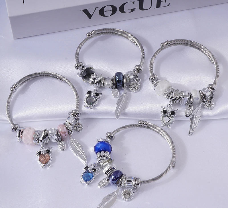 Hot Sale Stainless Steel Bangle Crystal Beads Owl Leaf Pendant Opening Bracelet for Women