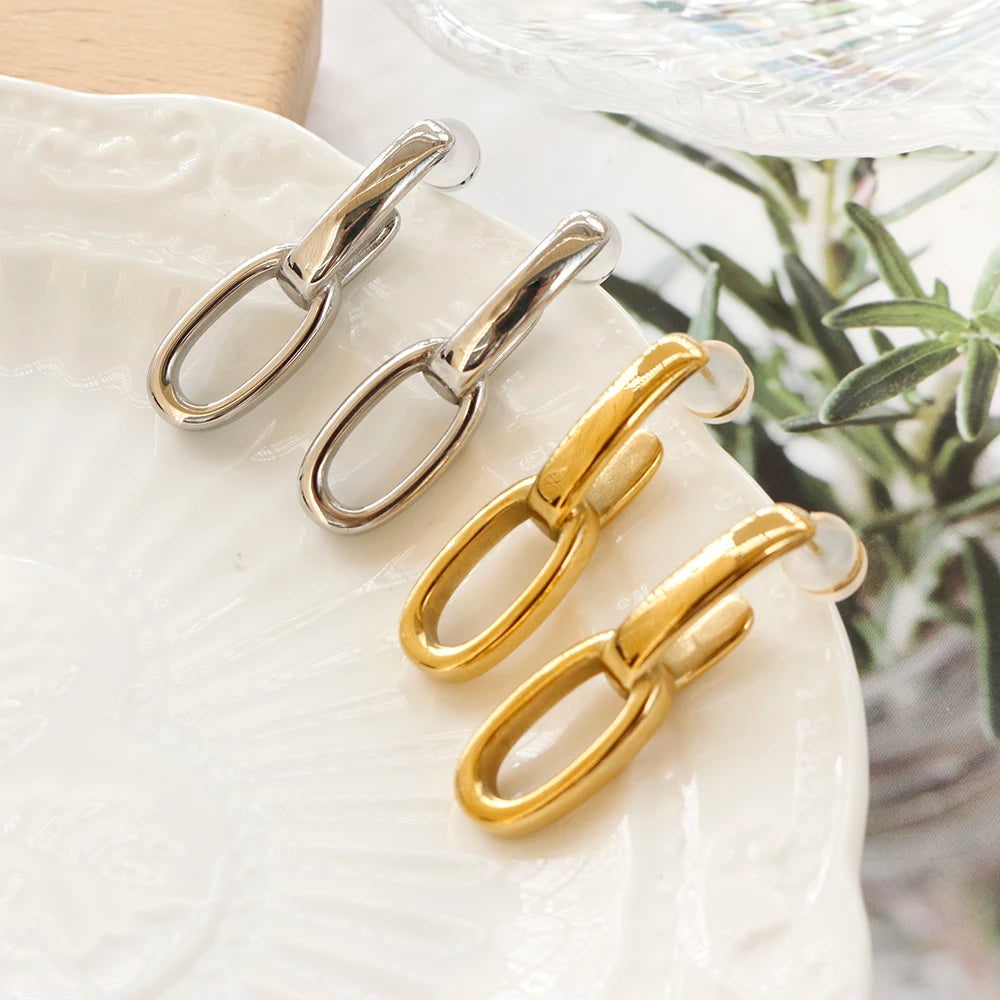 Trendy Double Ring Hanging Hoop Earrings Stainless Steel 18K Gold Plated Party Gift Simple Jewelry Stud Earrings for Women