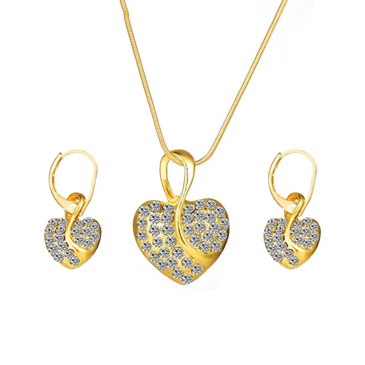 XT-70 Women Gold Jewelry Kit Micro Pave Crystal Rhinestone Diamond Heart Pendant Necklace Earrings Jewelry Set