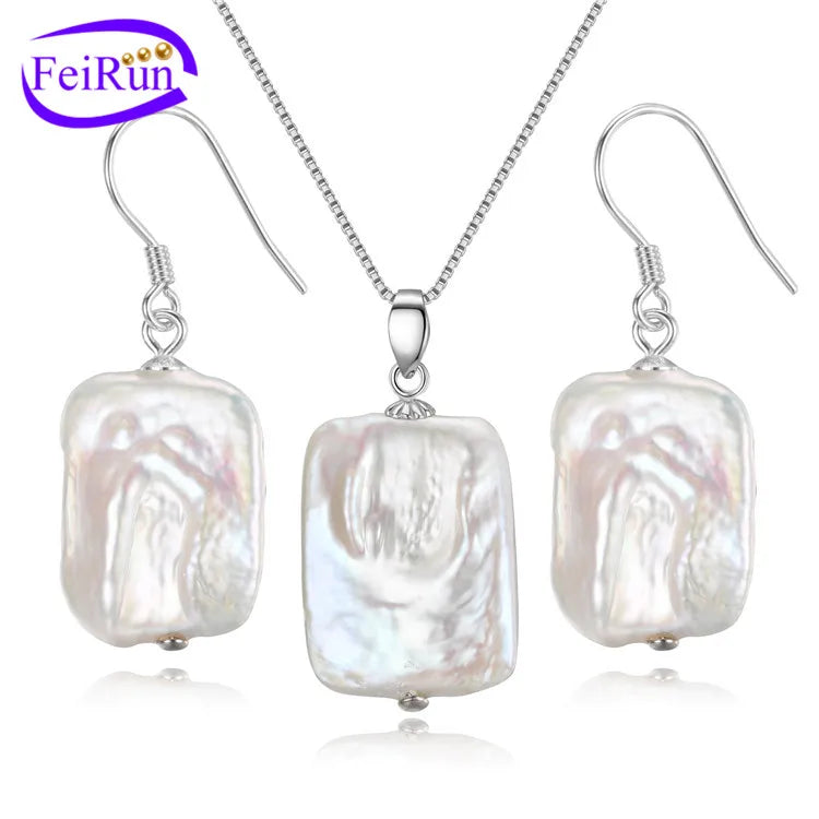 FEIRUN 15*20mm White Natural S925 Sterling Silver Freshwater Pearl Jewelry Set