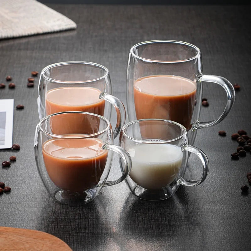 12 Oz Double Walled Glass Coffee Mugs with Handle Insulated Layer Cups Clear Borosilicate Glass Mugs for Tea Hot Beverage Wine