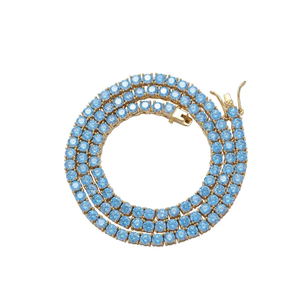 Sea Blue Zircon Brass 4mm 16" 18" 20" Tennis Chain 1 Row Necklace Hip Hop Bling Jewelry Cz Tennis Chain