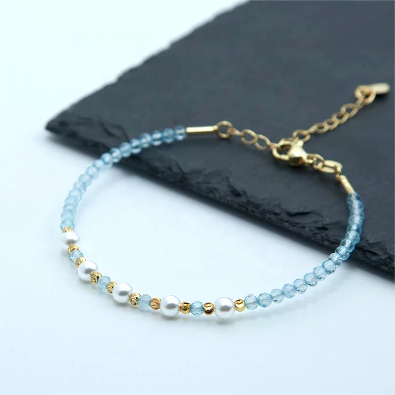 4mm Natural Stones Blue Topaz Faceted Beads Bracelets Crystal Pearl Gemstone Jewelry for Women Fashion Bracelets & Bangles