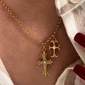 Trendy Gold Plated Christian Jewelry Luxury Double Zircon Cross Pendant Necklace Stainless Steel Link Chain Necklaces for Women
