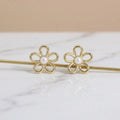 Merryshine Gold Plated Brass Dainty Spring Pearl Floral Hollow Flower Stud Earrings for Women