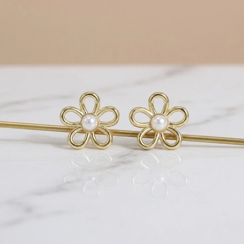 Merryshine Gold Plated Brass Dainty Spring Pearl Floral Hollow Flower Stud Earrings for Women
