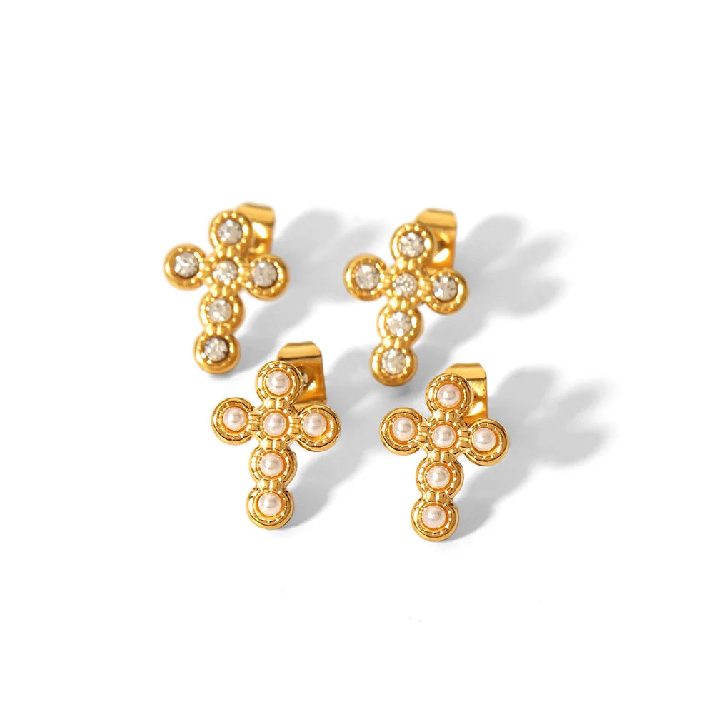 New Fashion Women Jewelry Stainless Steel Cubic Zirconia 18K Gold Plated Pearl Cross Earrings Stud