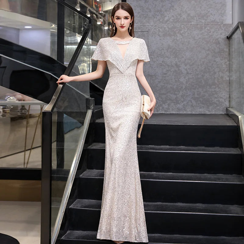 Elegant Back Zipper Prom Bow Gowns Sequins Mermaid Evening Dresses