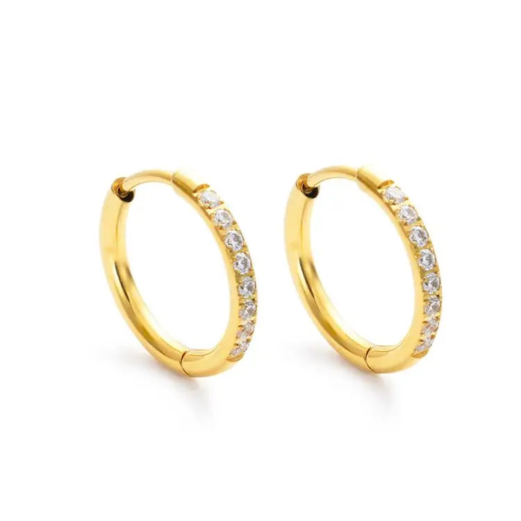 Chris April 316L Stainless Steel Fashion Jewelry Earrings 18K Gold Plated Zircons Bezel huggies Hoops Earring
