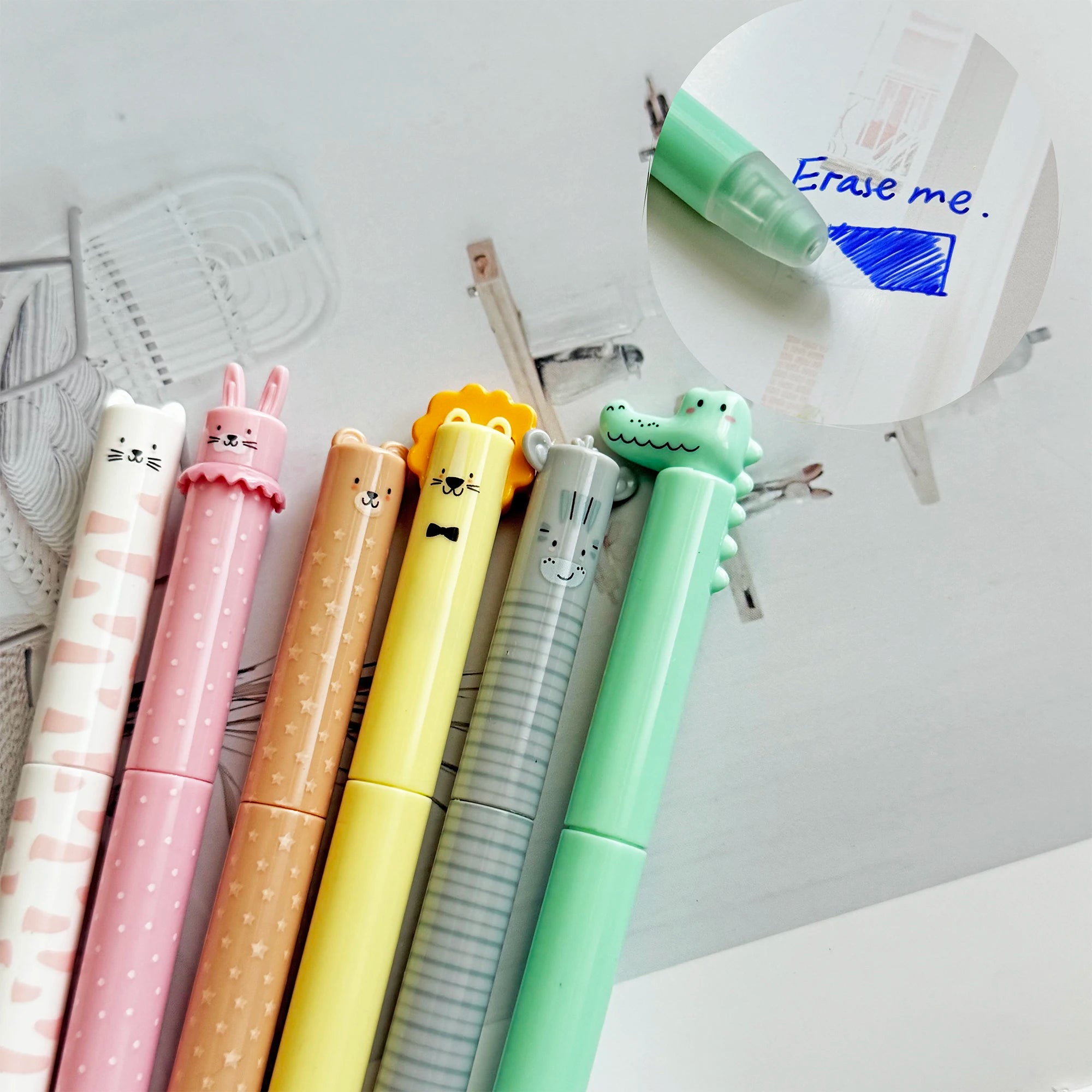 Set of 6 Erasable Gel Pens with Thermosensitive Erase Ink Range of Ink Colours & Barrel Designs 0.7mm Tip Animal Designs