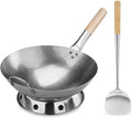 Commercial Grade Carbon Steel Pow Wok Pan Set Hand Hammered with Wood and Steel Helper Handle Wok Ring Spatula