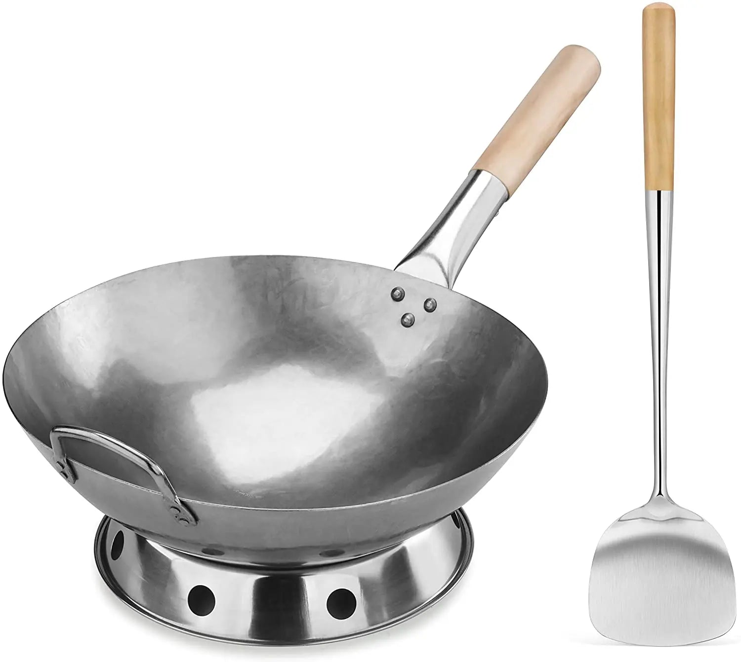 Commercial Grade Carbon Steel Pow Wok Pan Set Hand Hammered with Wood and Steel Helper Handle Wok Ring Spatula