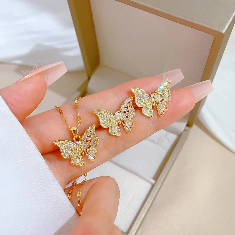 Exquisite Wedding Jewelry Hollow Butterfly Zircon Micropaved Necklace and Earrings Set Sparkling Diamond Ring Earring Necklace
