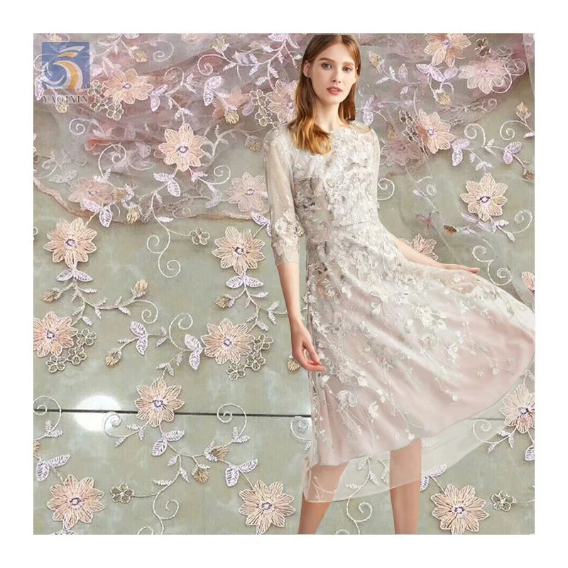 YX2706 Chinese Wholesale Fuchsia Lace Fabric Floral Garden Embroidery Lace Fabric for Tablecloths