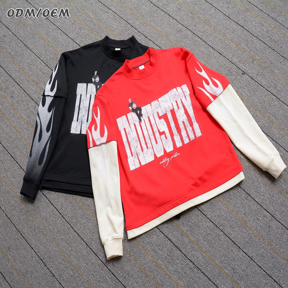Custom Clothing 100% Cotton Knitted Formal Oversized T-shirt Digital Printing Acid Washed Double Layer Long Sleeve Men's