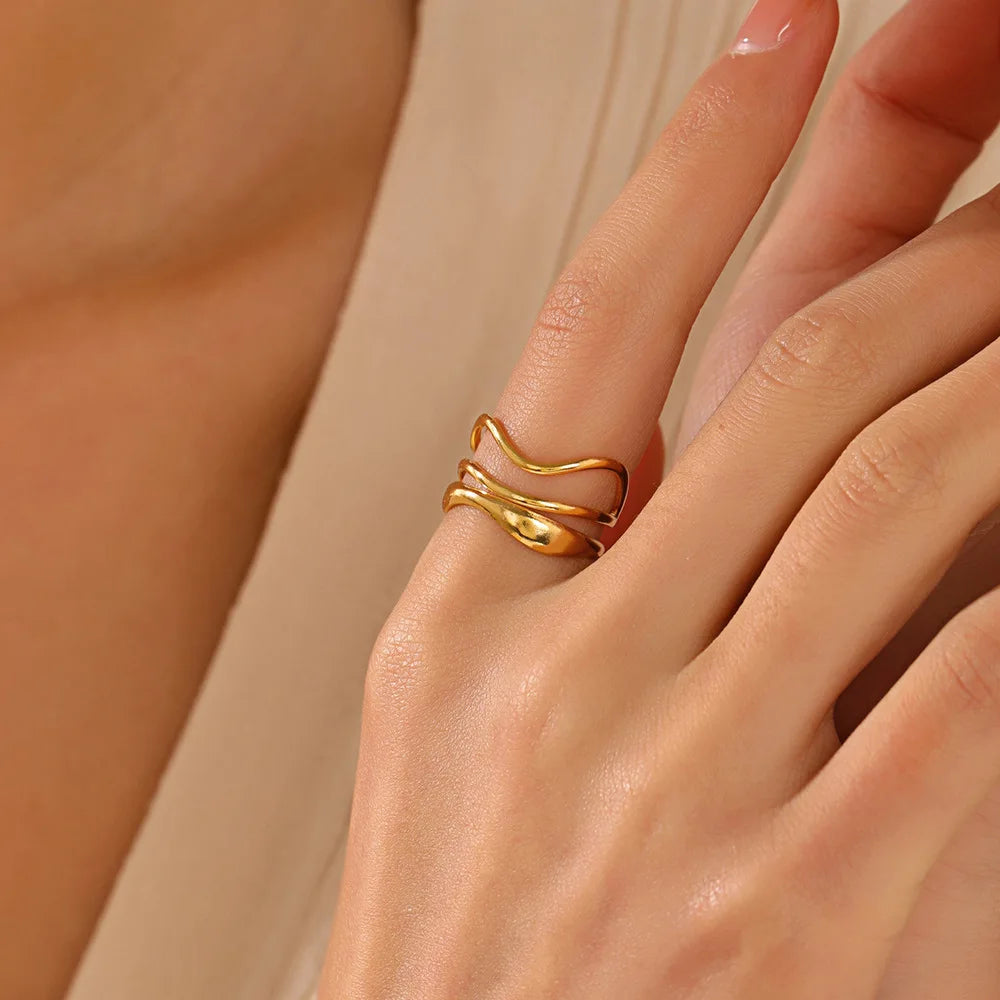 Minimalist 18K PVD Gold Plated Stainless Steel Waterproof Three-Layer Hollow Geometric Lines Open Ring
