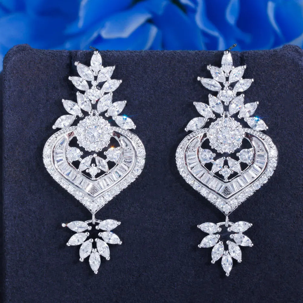 Elegant American European Royal Design White Cubic Zirconia Long Dangle Drop Chandelier Bridal Wedding Earrings Jewelry