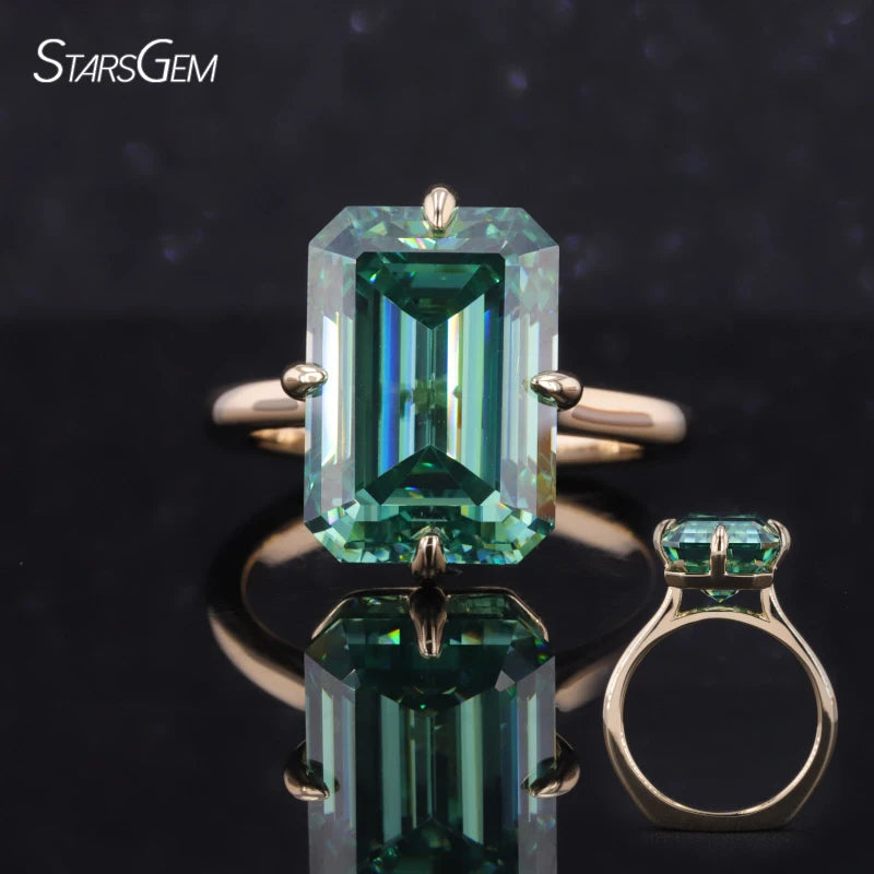 Starsgem 10K Yellow Gold Solitaire Style 10ct Emerald Cutting Green Color Moissanite Engagement Ring