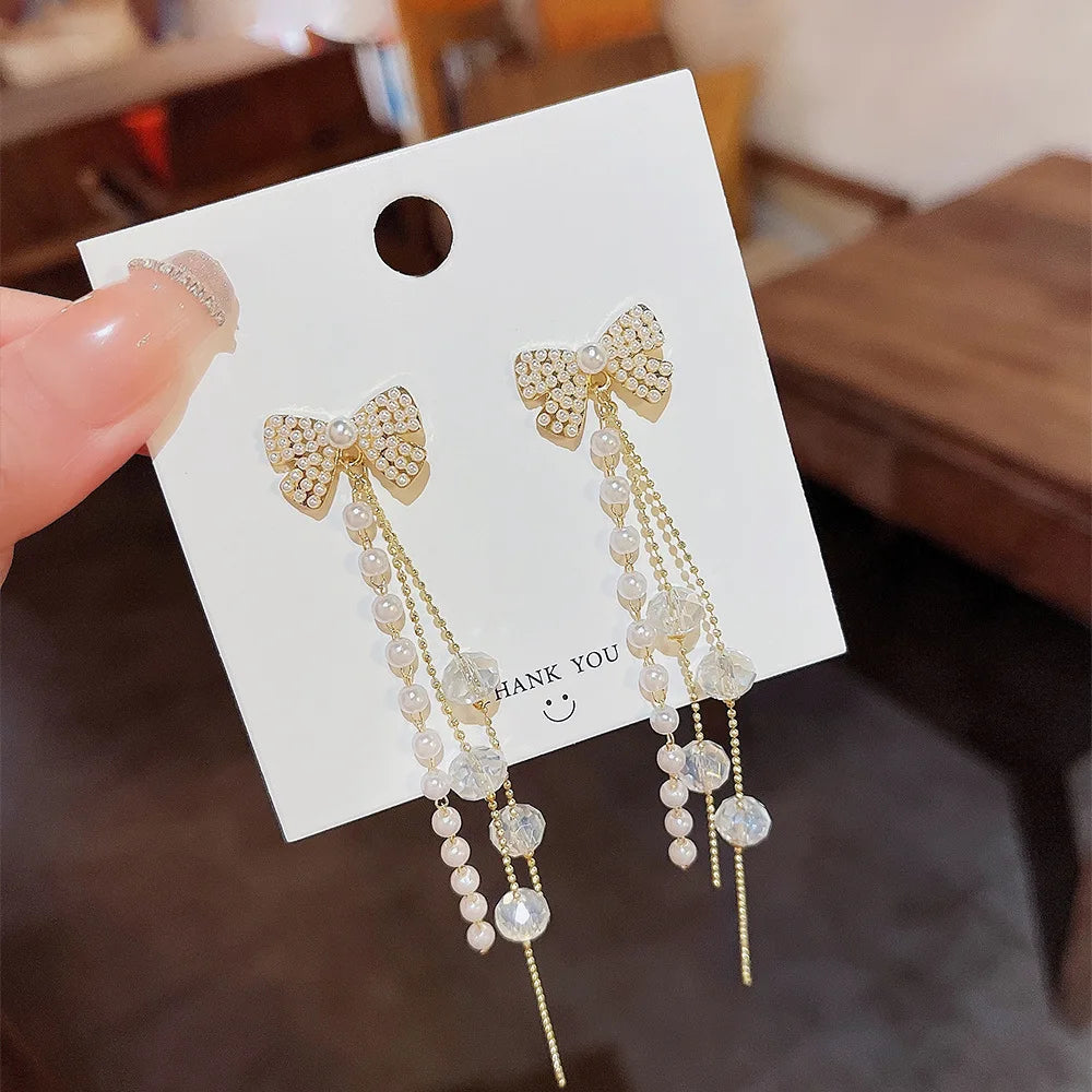 925 Silver Needle Pearl Bow Earrings Luxury Full Diamond Rhinestone Pearl Earring Korean Luxury Elegant Fashion Ear Hoop
