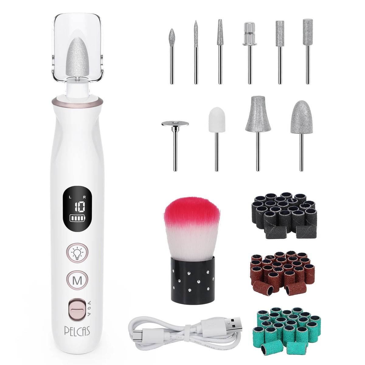 PELCAS AOL05 Professional Electric Nail Drill 10-in-1 Portable Nail Grinder Type-C Rechargeable E-file for Acrylic Gel Polish MegaBDM