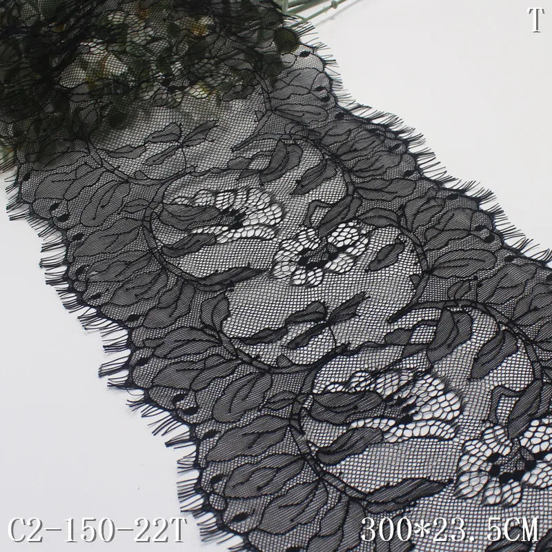 100% Nylon Scalloped Black French Eyelash Lace Trim 23cm Soft Inelastic Chantilly Lace Trim for Women's Sexy Dresses