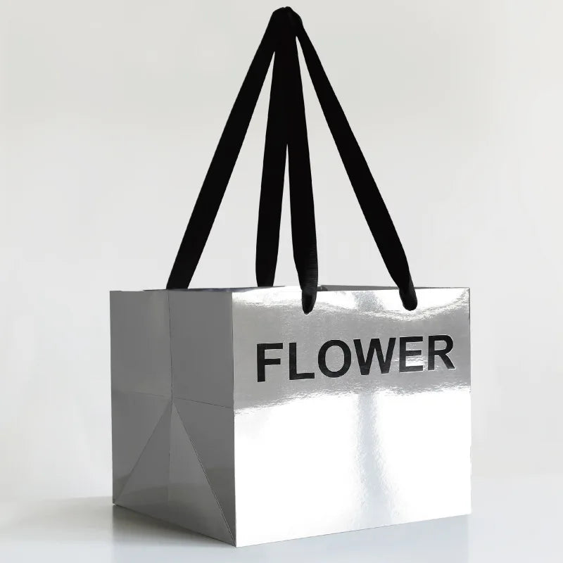 Hot Sale Mirror Silver Square Bottom Tote Bag Flower Arrangement Gift Paper Bags