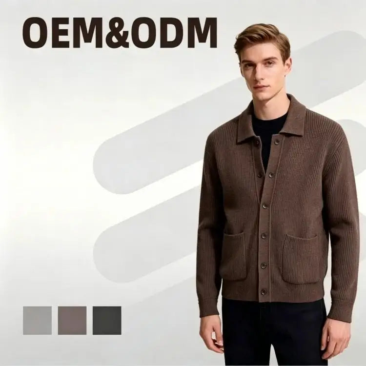 Custom Front Logo Solid Color Men's Retro Simple Lapel Knitted Cardigan High Quality Casual Sweater
