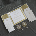 Extravagant Embossing Hardcover Wedding Invitation White Color Glitter Fold Invitations With Buckle