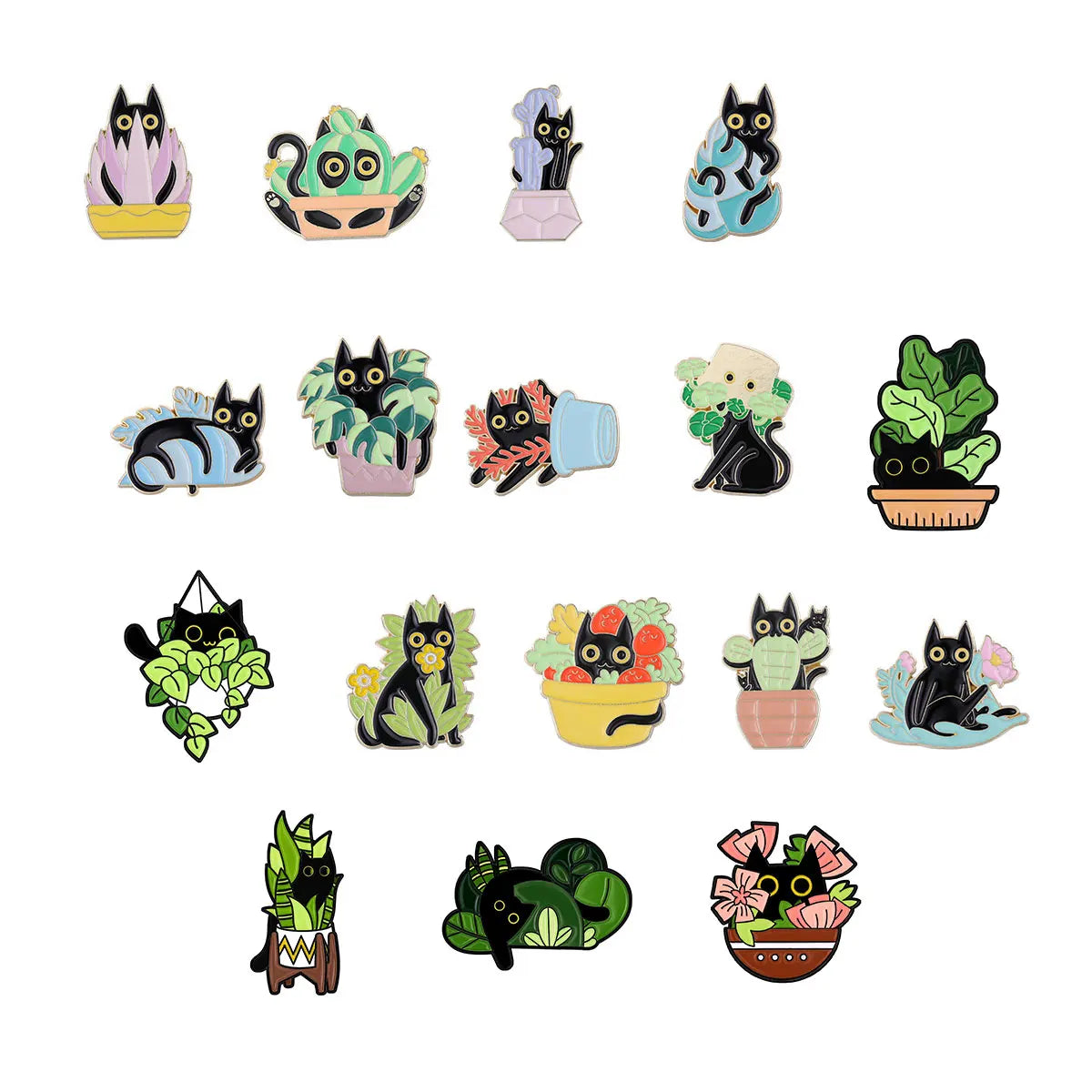 18 Styles Cute Cartoon Green Plant Black Cat Animal Alloy Brooch Enamel Lapel Pin for Clothes and Bags Decoration