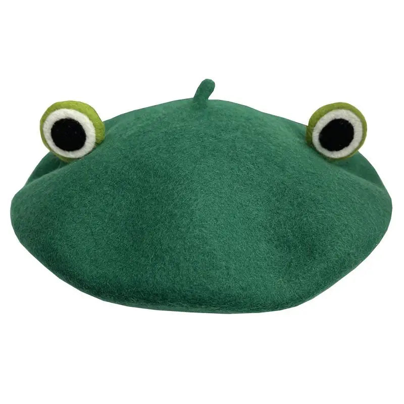 Cute Frog Big Eye Wool Beret Girls Women Painter Hat Cartoon Novelty Gift Green Handmade French Berets