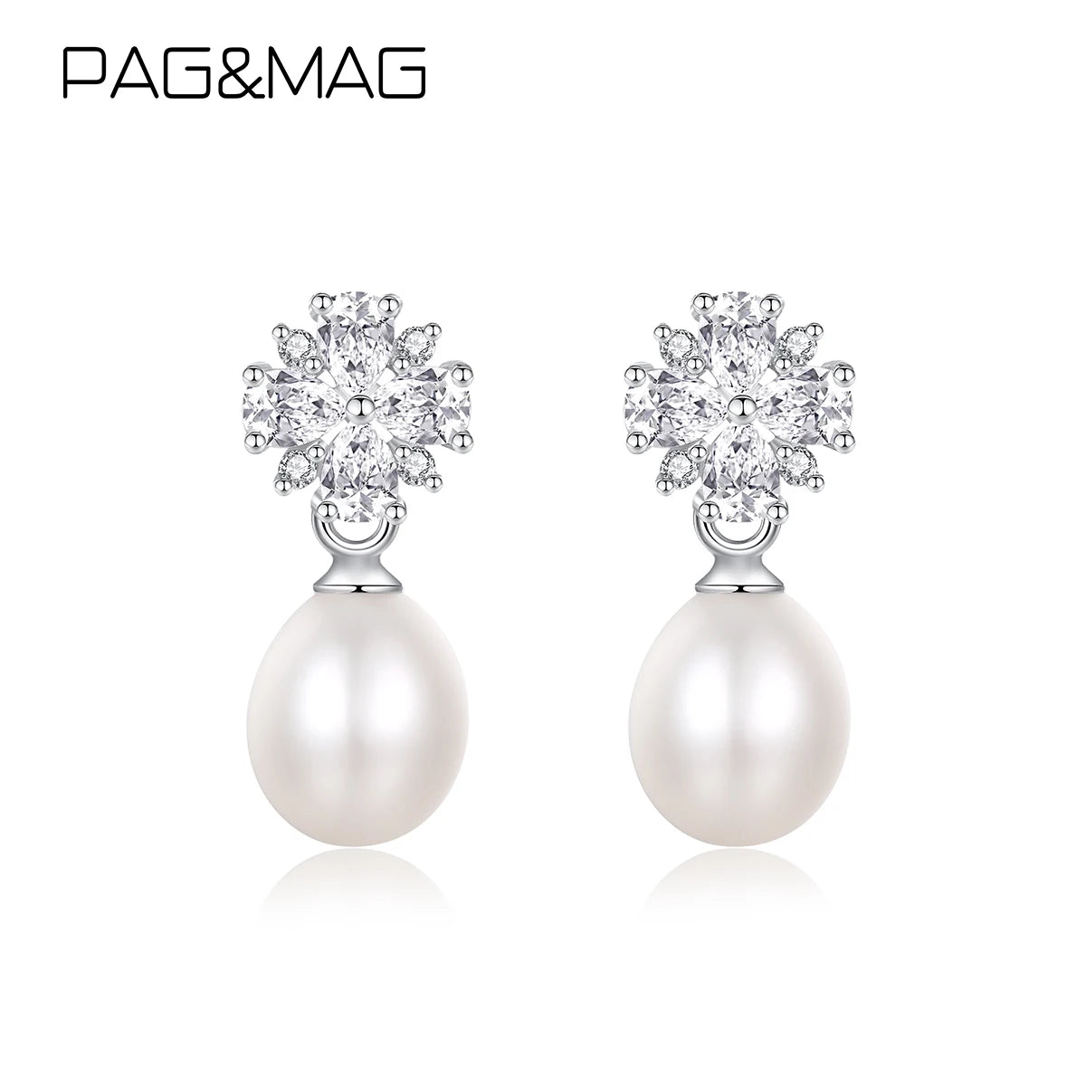Pag&Mag 925 Sterling Silver New Earing Bridal Drop Woman Flower Zirconia Peal Lady Pearl Earring Jewelry
