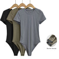 CNSHELL Crew Neck Skin Tight Buckle Womens One Piece Micro Rib Short Sleeve Workout Fitness Gym Bodysuit
