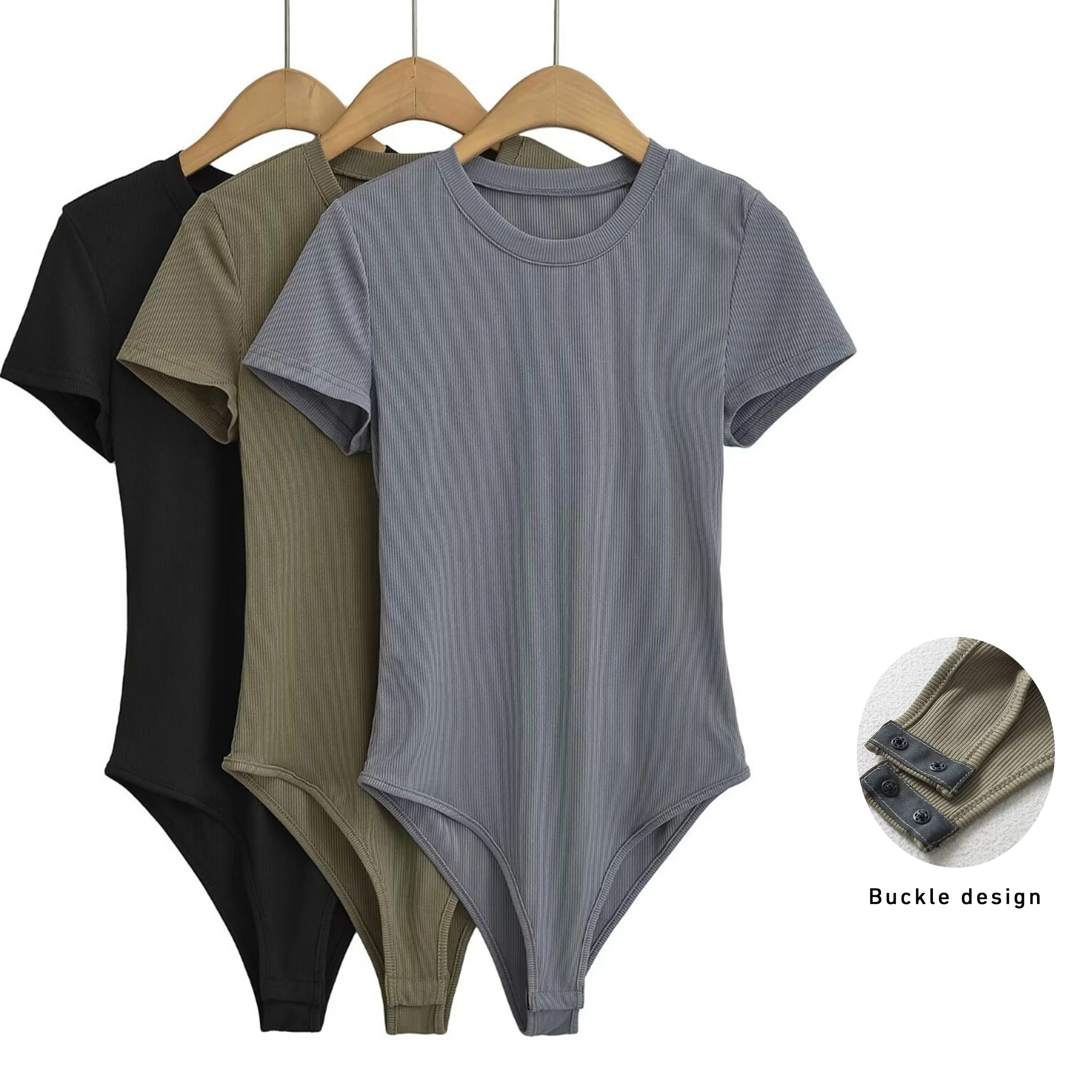 CNSHELL Crew Neck Skin Tight Buckle Womens One Piece Micro Rib Short Sleeve Workout Fitness Gym Bodysuit