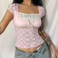 2023 Y2k Pink Trim Crop Top Bow Cute Sweet T Shirt Women Retro Short Sleeve Lace Patched Summer Tee Korean Tshirt
