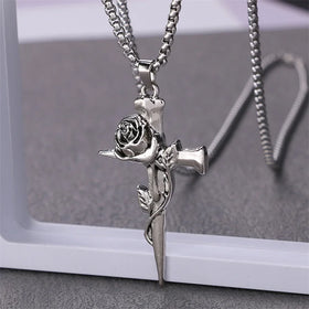 Hot Sale Stainless Steel Sweater Chain Flower Pendant Long Necklace Vintage Thorn Rose Cross Necklace
