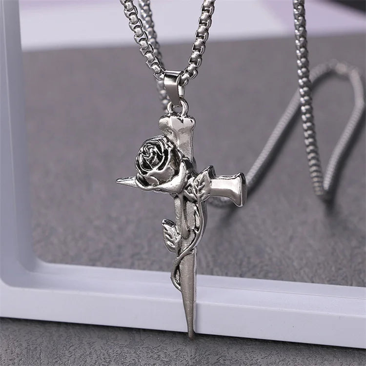 Hot Sale Stainless Steel Sweater Chain Flower Pendant Long Necklace Vintage Thorn Rose Cross Necklace