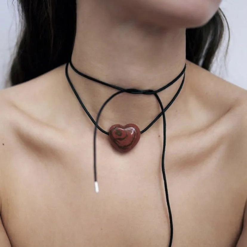 2024 Long Black Rope Necklace Simple Heart Natural Stone Necklace Chain Necklace for Women