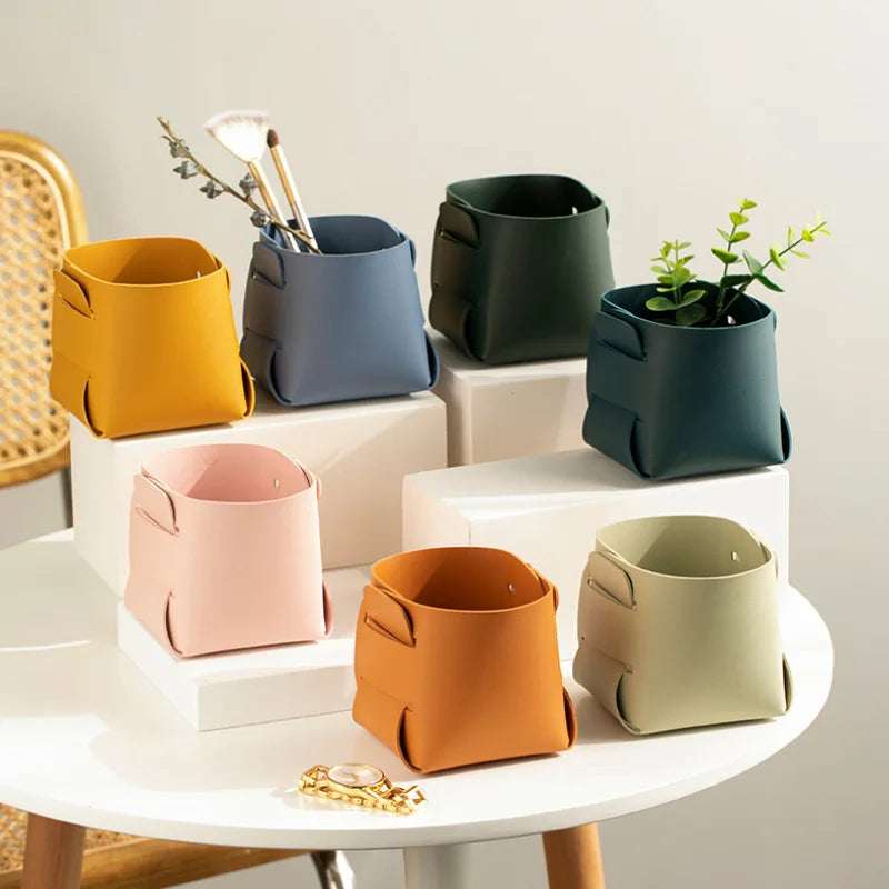 Korean Pu Leather Makeup Brush Holder Organizer Desk Pen Holders Organizer Pen Storage Basket