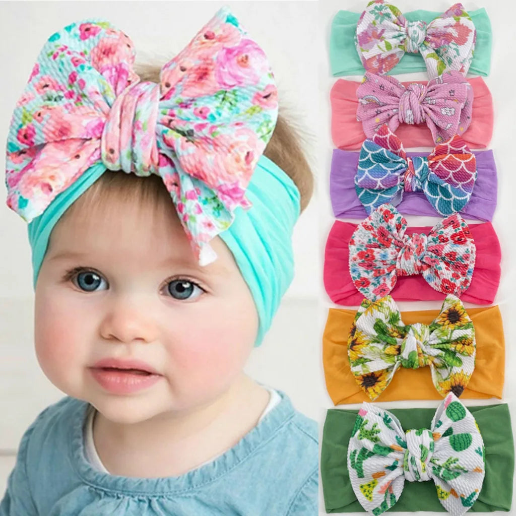 Wholesale Baby Girls Sweet Floral Printed Hair Accessories Stretchy Nylon Bow Turban Headband Knit Wide Nylon Headband