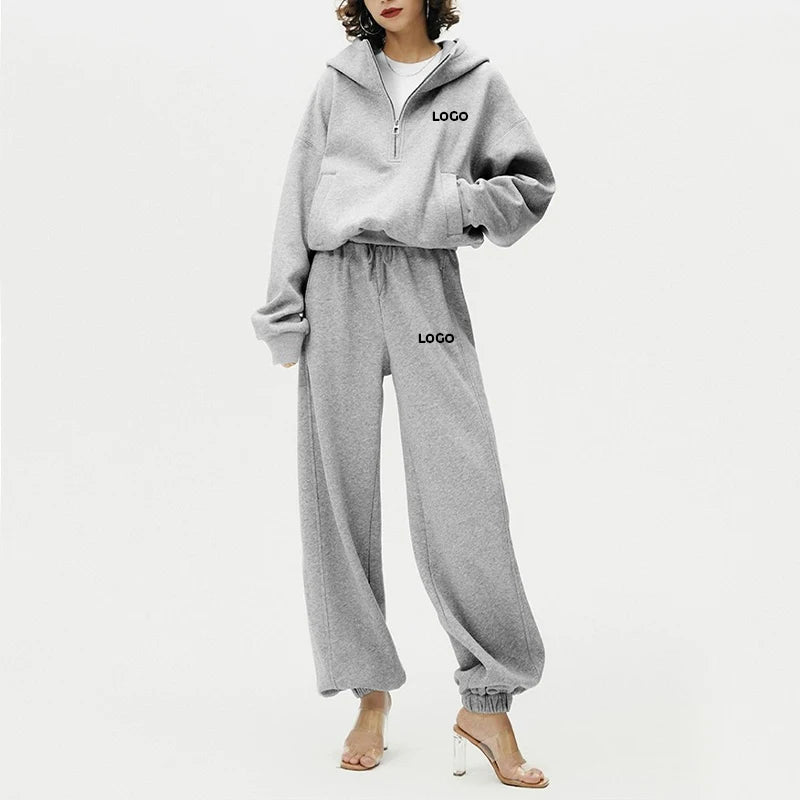 Custom Women's Sets Two Piece Outfits Clothing Set Oversize Loose 1/4 Zip up Hoodie Sweatpants Jogger Tracksuit Set Sweatsuit