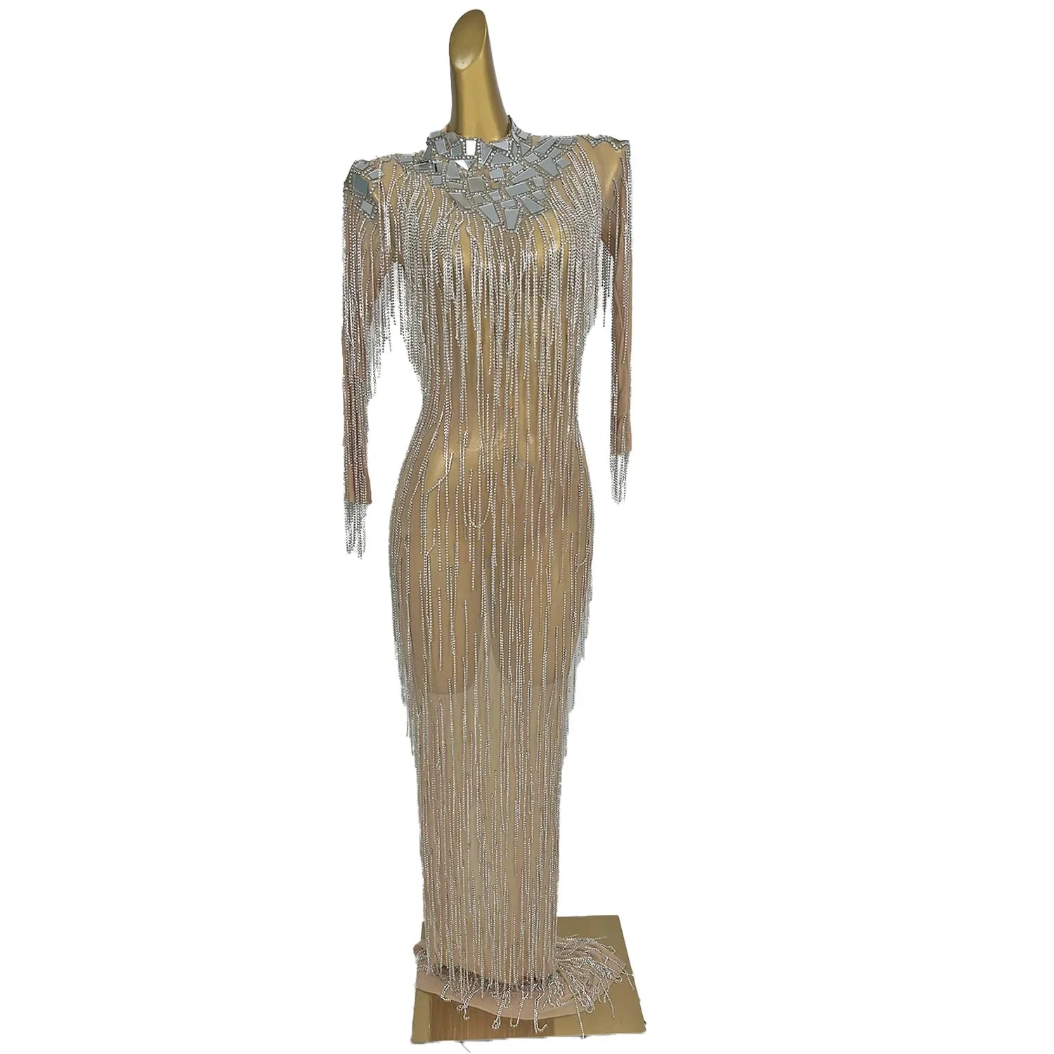 Luxury See Through Prom Pageant Diamond Dress Lady Tassel Dinner Gown Women Evening Long Dress Floor Length Cocktail Party Dress